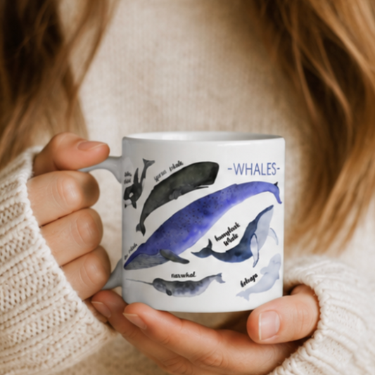 A person in a cream knit sweater holds a white ceramic mug featuring watercolor illustrations of whales in blue, gray, and black, with the word “-WHALES” printed on the side.