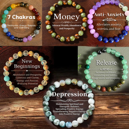 Natural Healing Stone Intention Bracelets – Chakra, Anxiety Relief, Prosperity, Grounding, and Emotional Balance