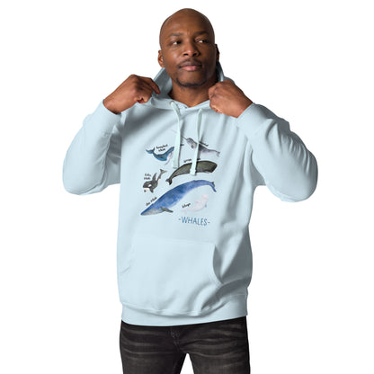 A man wearing a light blue hoodie with a watercolor graphic of various whales and the text '-WHALES-'.