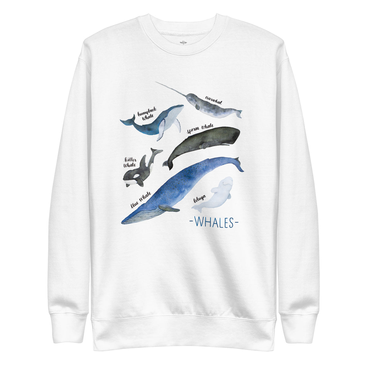 A white crewneck sweatshirt featuring a watercolor graphic of various whales and narwhals with handwritten labels, on a solid white background.