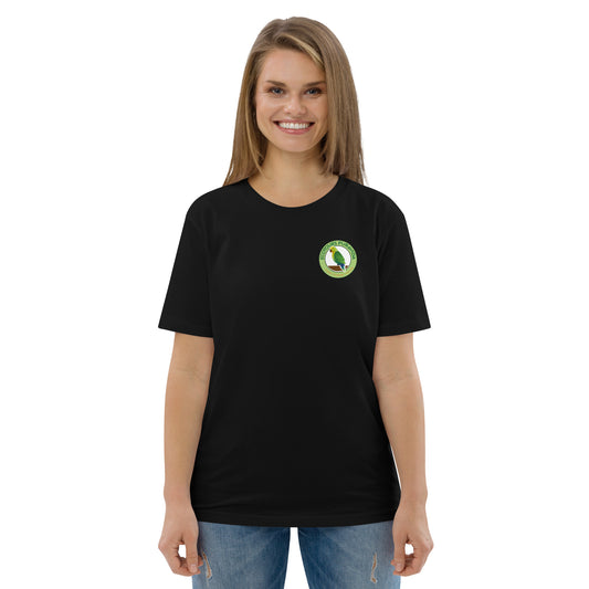 Woman wearing a black t-shirt with a green logo on a white background