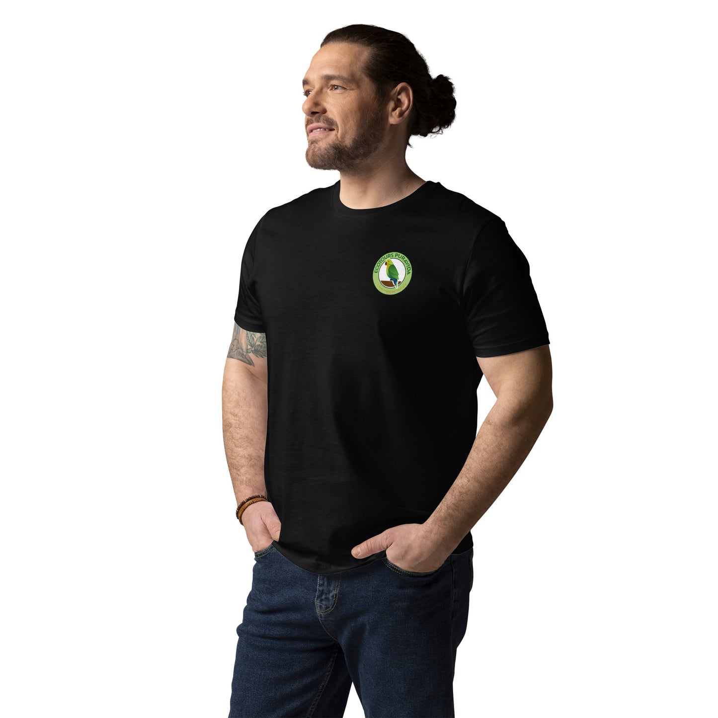 Man wearing a black t-shirt with a graphic design on a white background