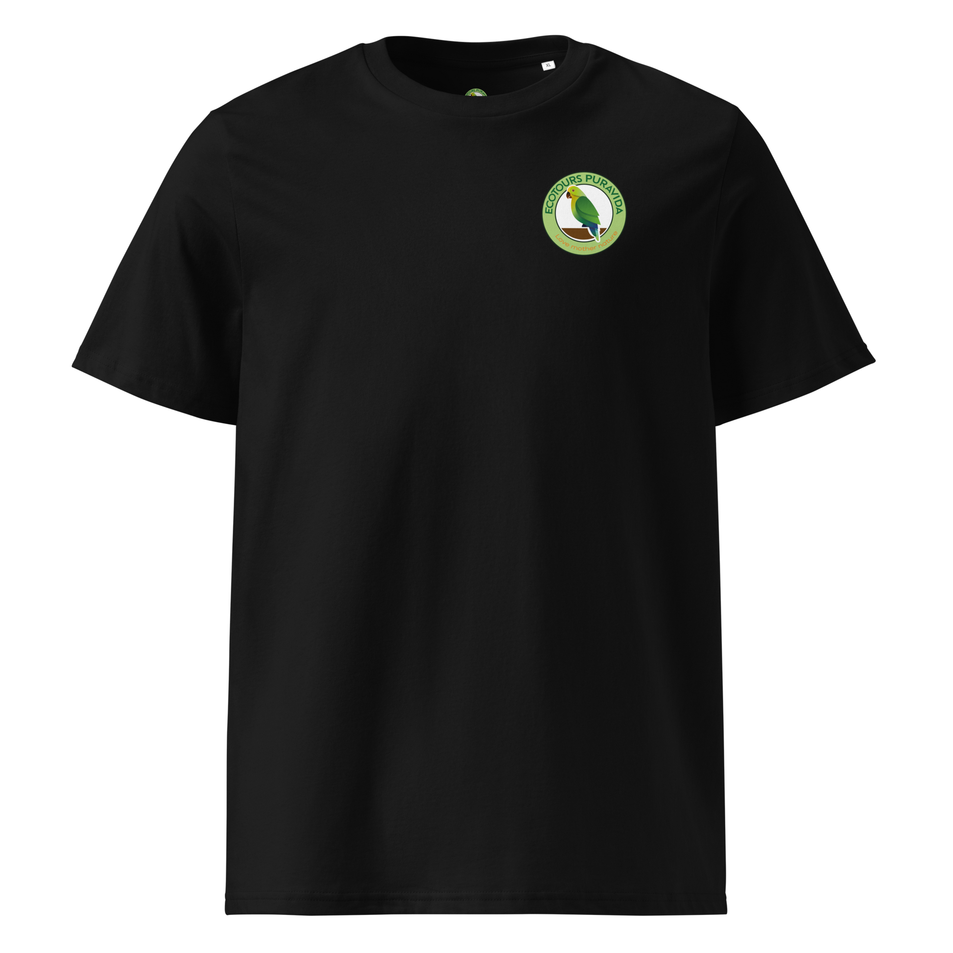 Black t-shirt with a logo on the chest against a white background