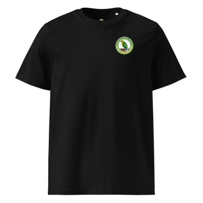Black t-shirt with a logo on the chest against a white background