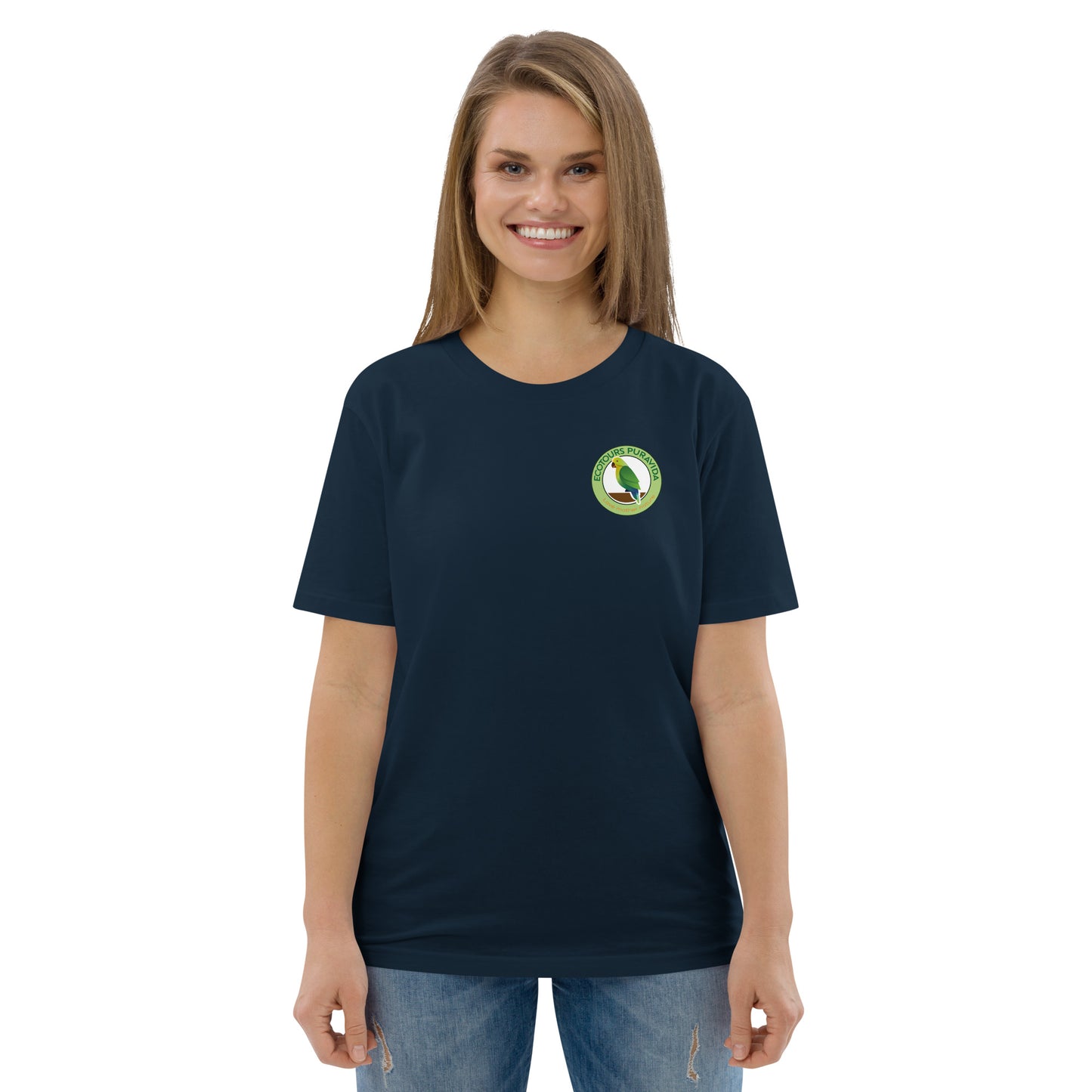 Woman wearing a navy blue t-shirt with a logo on a white background