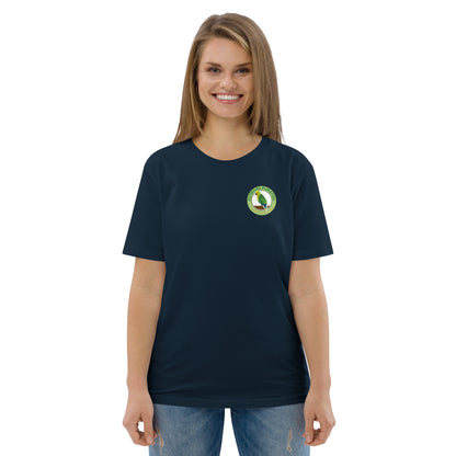 Woman wearing a navy blue t-shirt with a logo on a white background