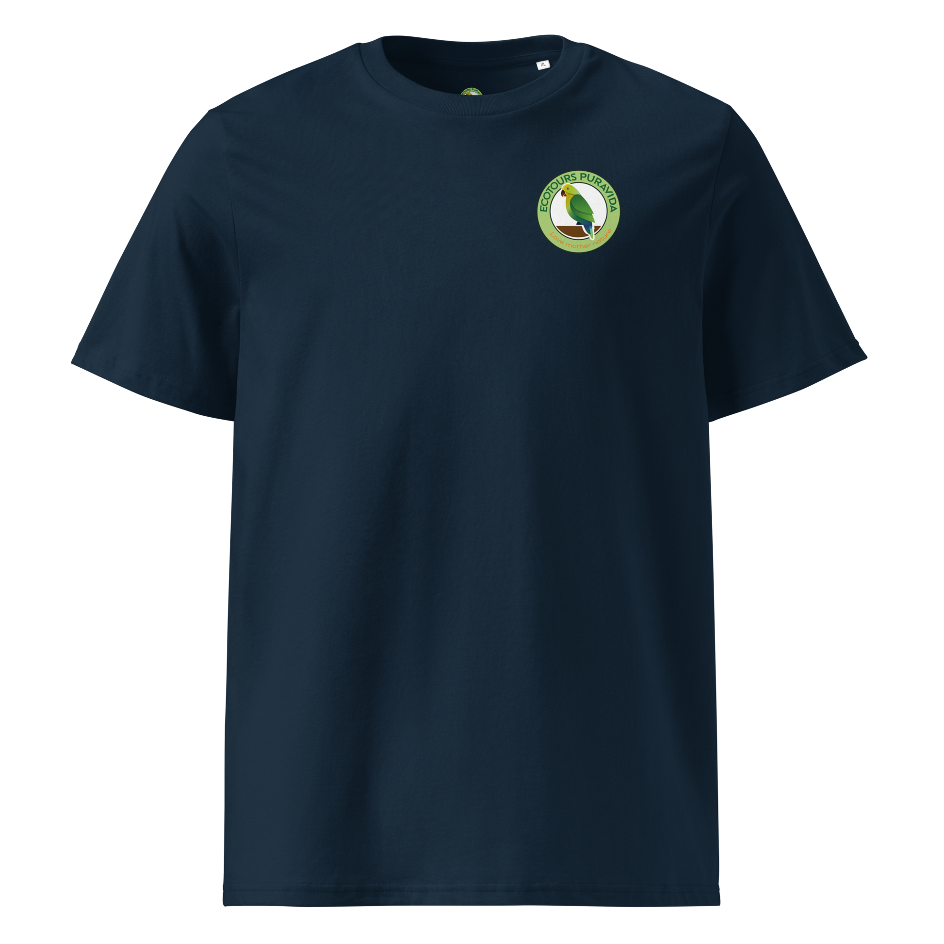 Navy blue t-shirt with a logo on the chest against a white background