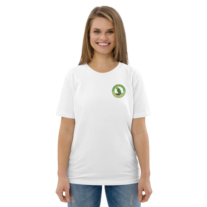 Woman wearing a white t-shirt with a logo on a white background