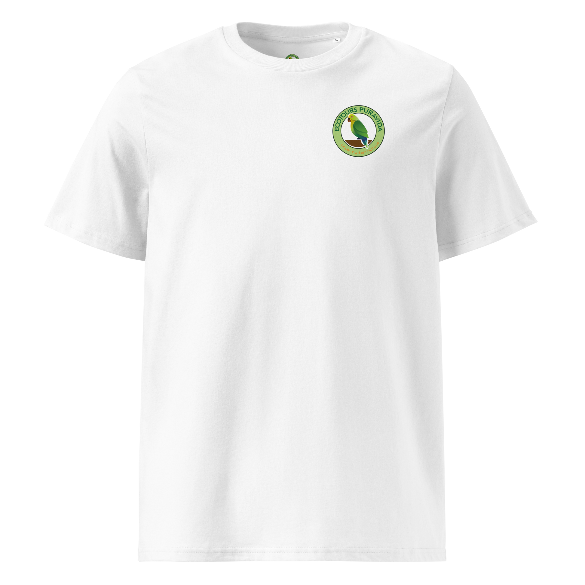 White t-shirt with a green and red logo on a white background