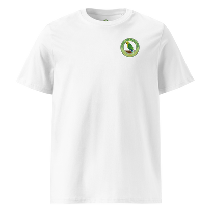 White t-shirt with a green and red logo on a white background