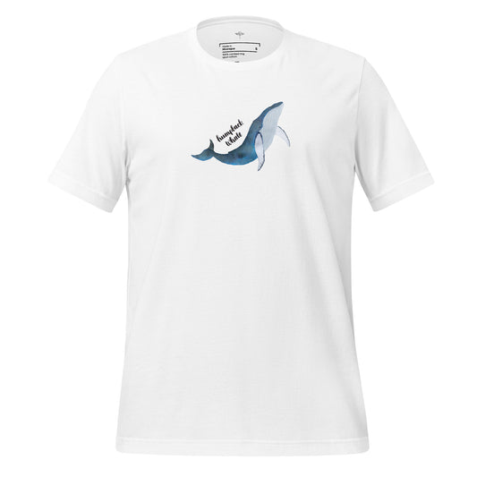 A white short-sleeve crewneck t-shirt featuring a graphic of a blue and white humpback whale on the chest.