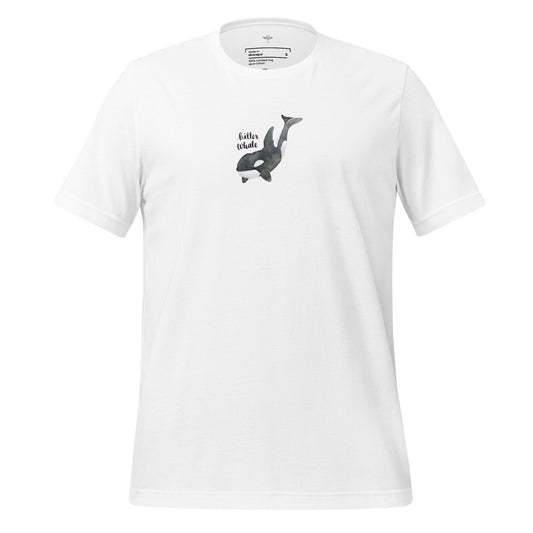 A white short-sleeve crewneck t-shirt featuring a black graphic of an orca whale and the text 'Killer whales' printed on the center chest, displayed against a solid white background.
